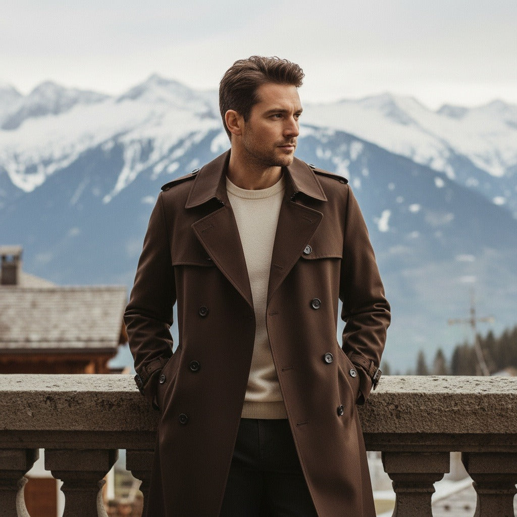Brown Trench Coat Mens - Brown - Angled Shot