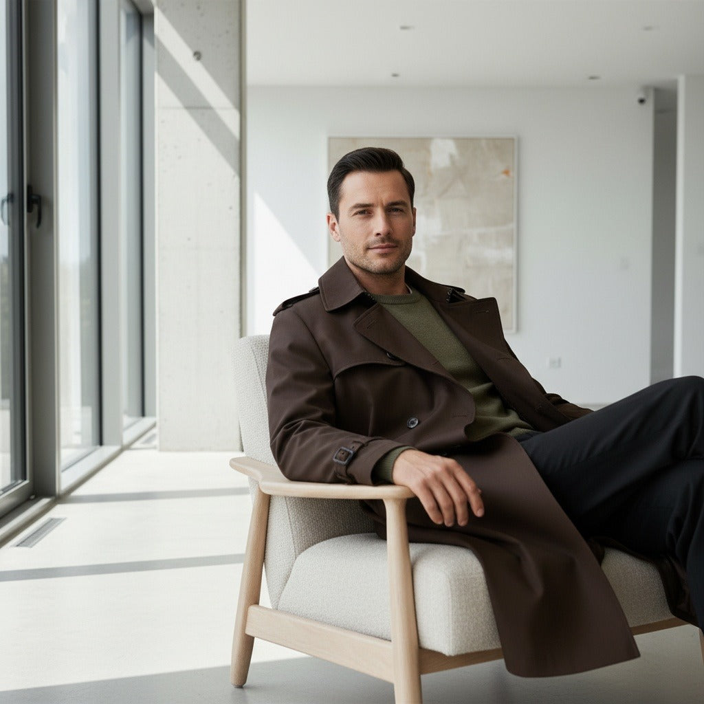 Brown Trench Coat Mens - Brown - Side Profile