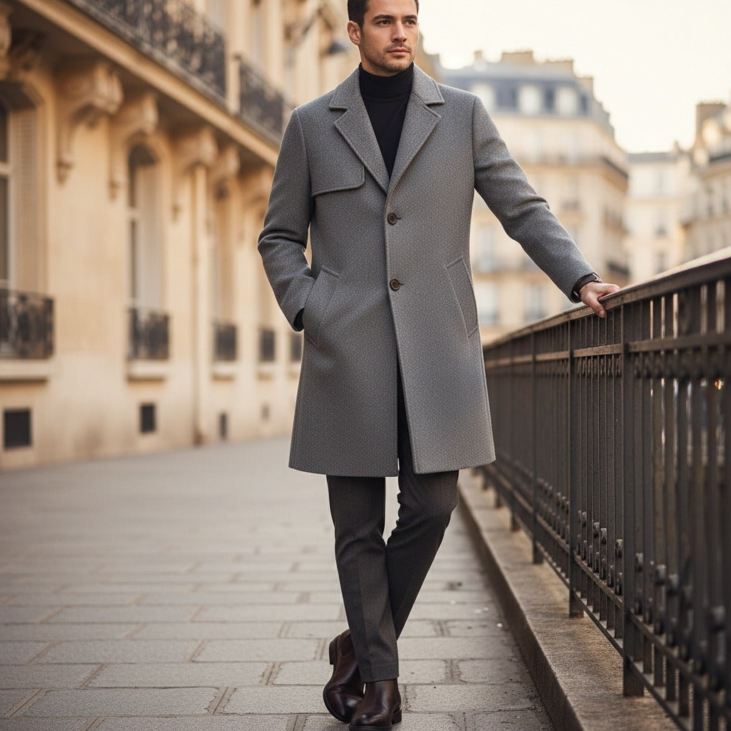 Business Trench Coat Mens - Light Gray - Angled Shot