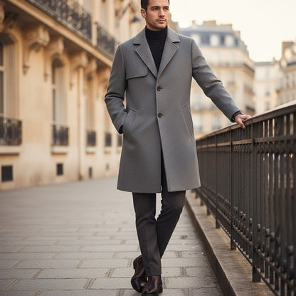 Business Trench Coat Mens - Light Gray - Angled Shot