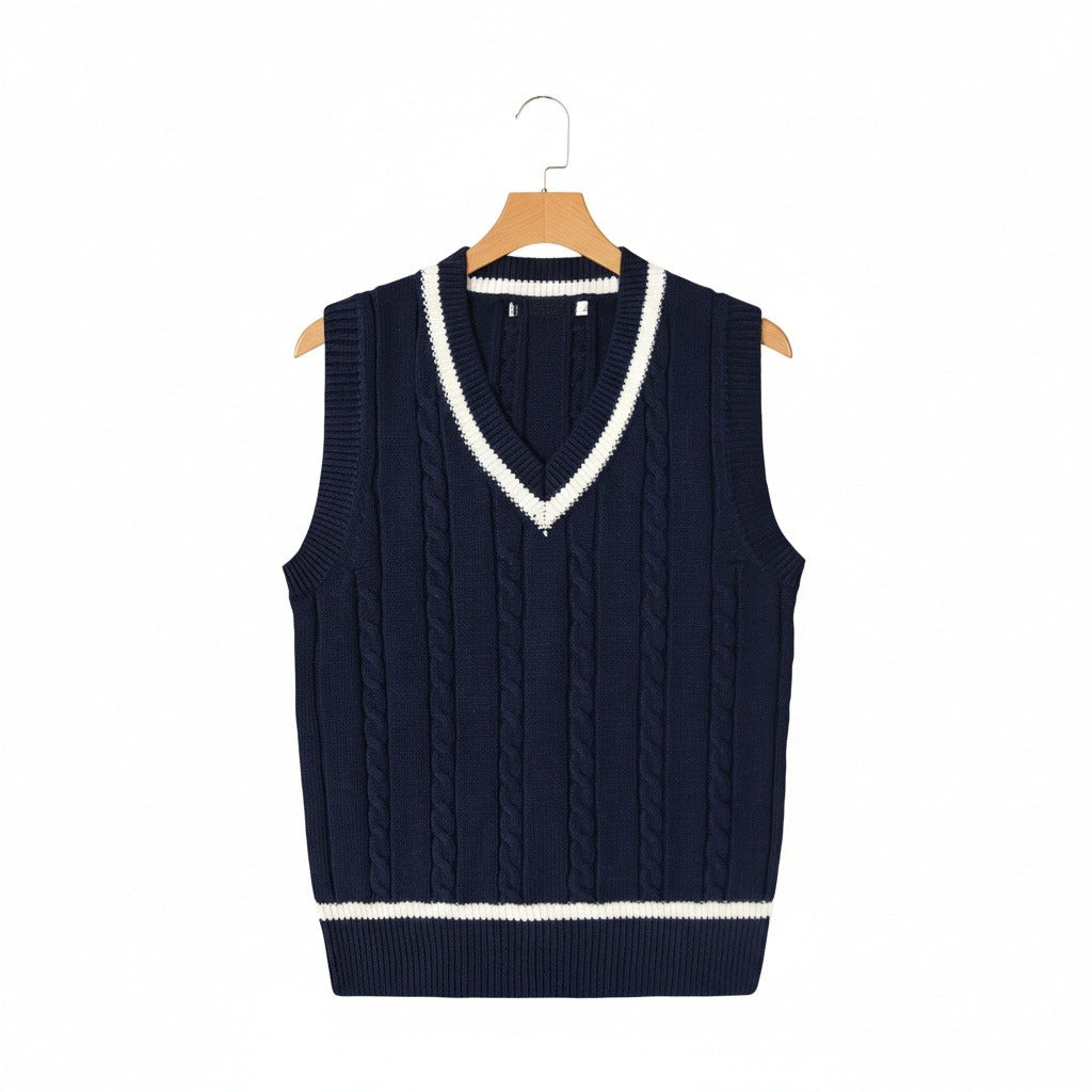 Cable Knit Cricket Sweater - Navy Blue - Front View