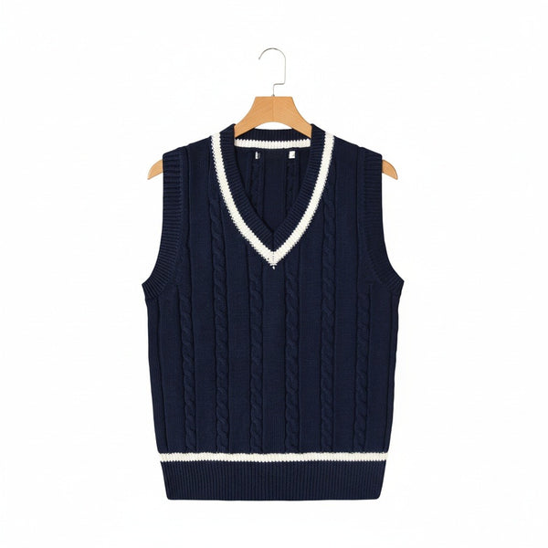 Cable Knit Cricket Sweater - Navy Blue - Front View