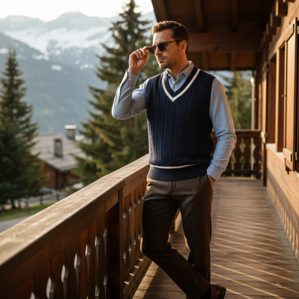 Cable Knit Cricket Sweater - Navy Blue - Angled Shot