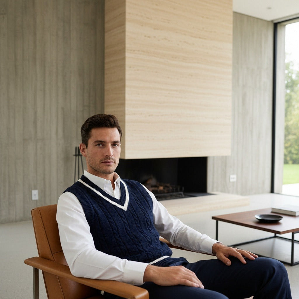 Cable Knit Cricket Sweater - Navy Blue - Side Profile