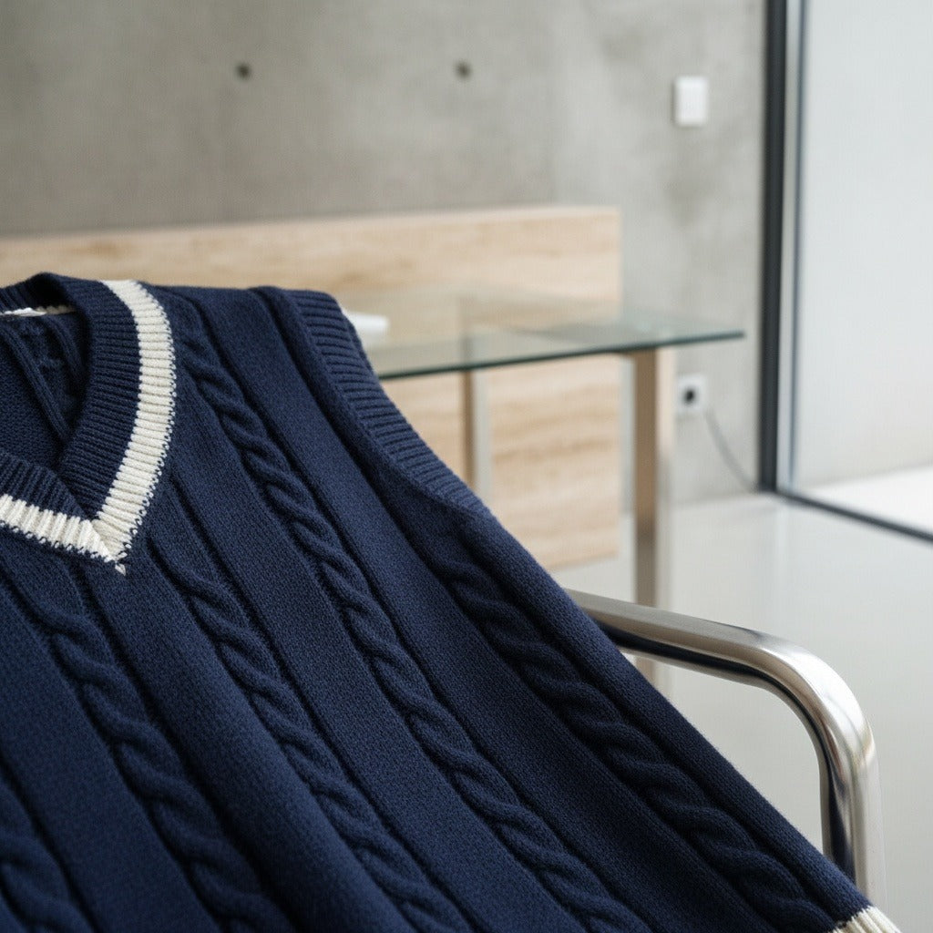 Cable Knit Cricket Sweater - Navy Blue - Back View