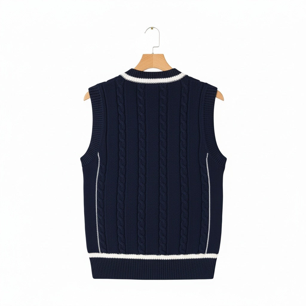 Cable Knit Cricket Sweater - Navy Blue - Fabric Detail