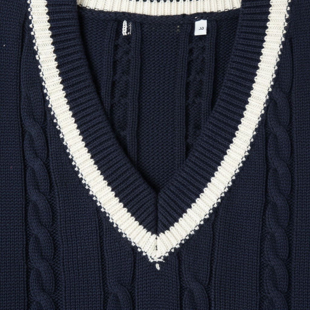 Cable Knit Cricket Sweater - Navy Blue - Texture Close Up