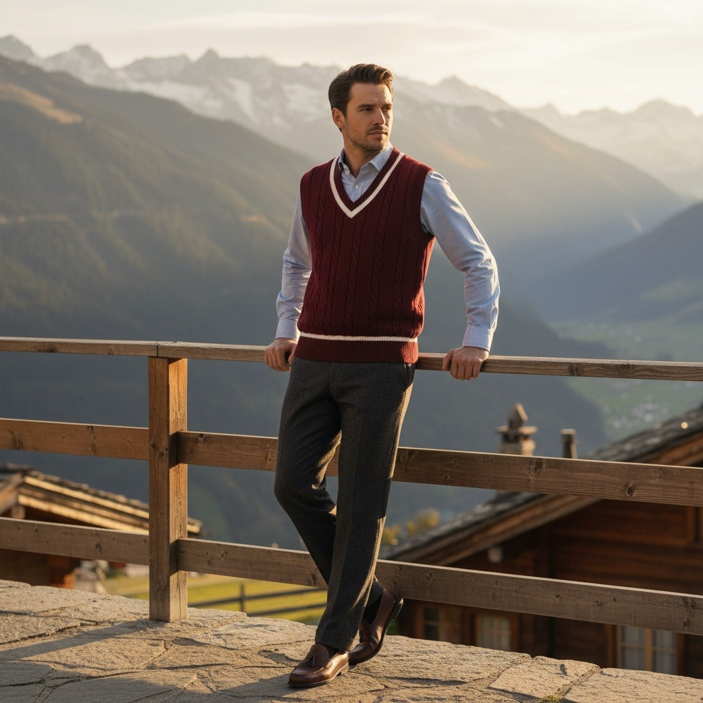 Cable Knit Cricket Sweater - Maroon - Angled Shot