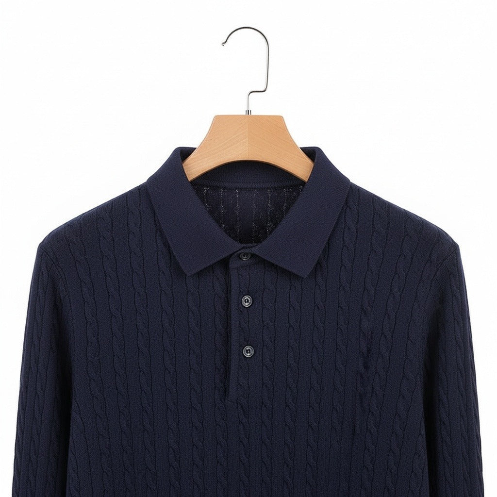 Cable Knit Polo Shirt - Navy Blue - Front View
