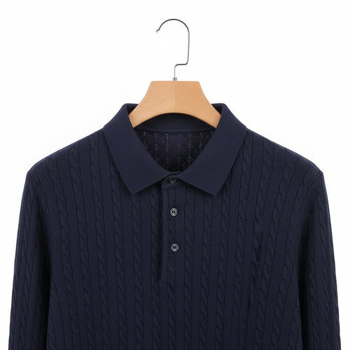 Cable Knit Polo Shirt - Navy Blue - Front View