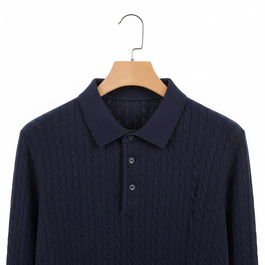 Cable Knit Polo Shirt - Navy Blue - Front View