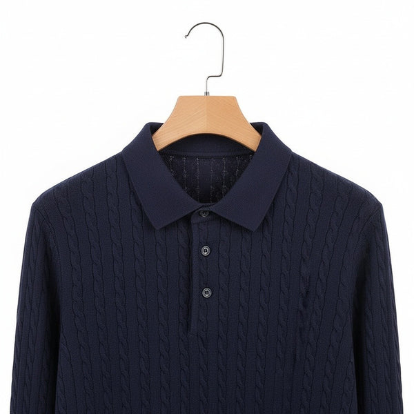 Cable Knit Polo Shirt - Navy Blue - Front View