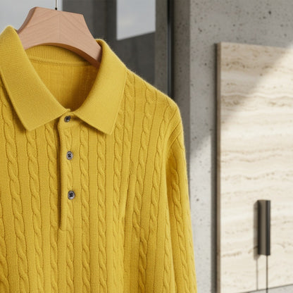 Cable Knit Polo Shirt - Daffodil Yellow - Back View