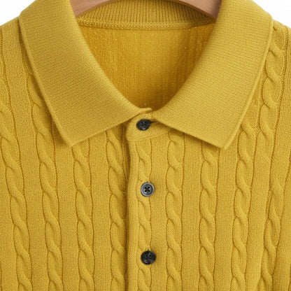 Cable Knit Polo Shirt - Daffodil Yellow - Texture Close Up