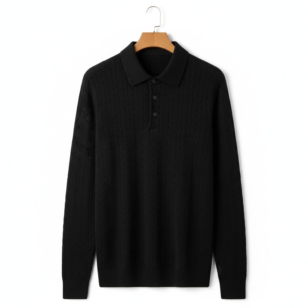 Cable Knit Polo Shirt - Jet Black - Front View
