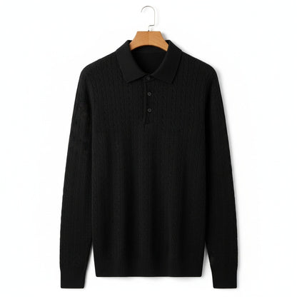 Cable Knit Polo Shirt - Jet Black - Front View