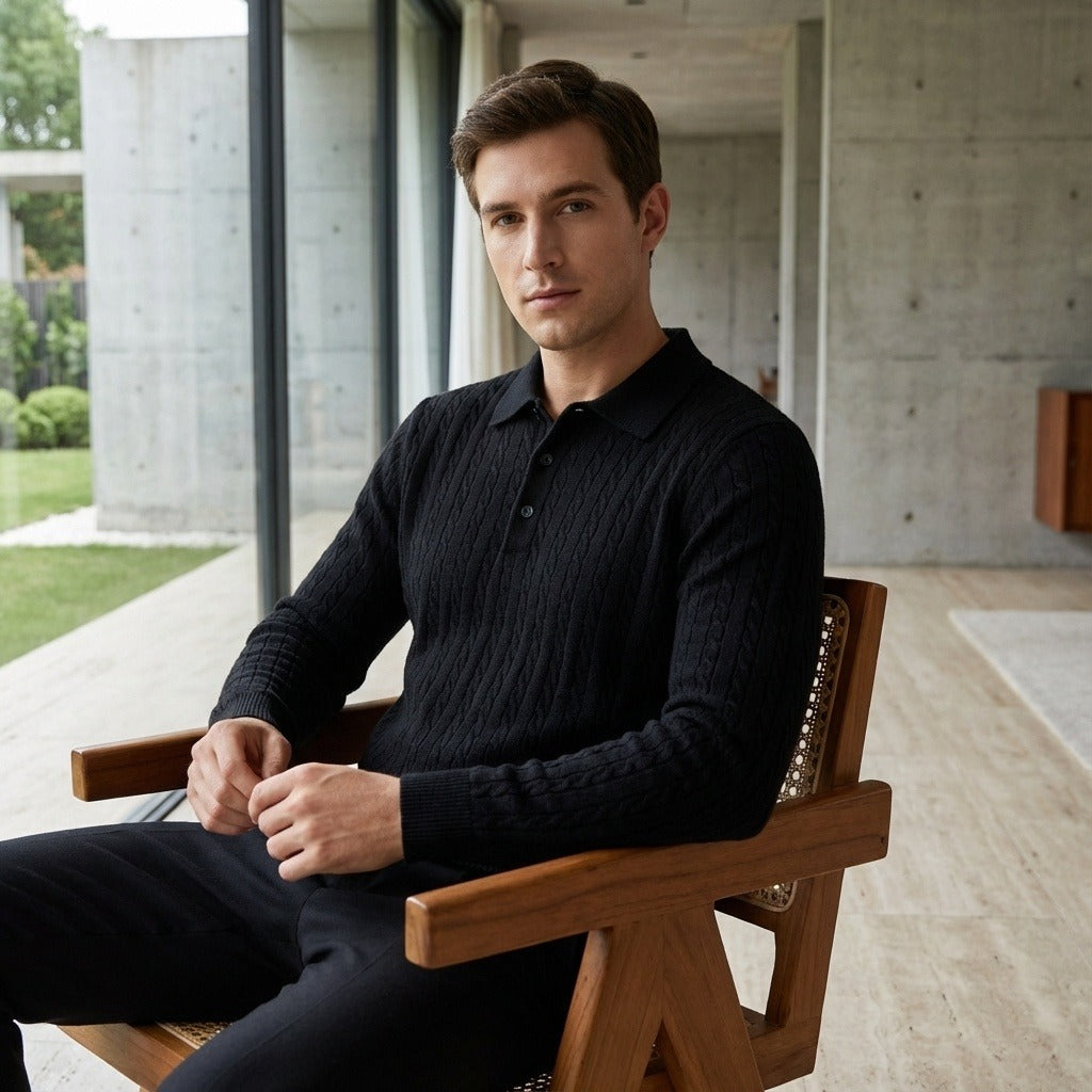 Cable Knit Polo Shirt - Jet Black - Side Profile