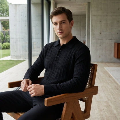 Cable Knit Polo Shirt - Jet Black - Side Profile