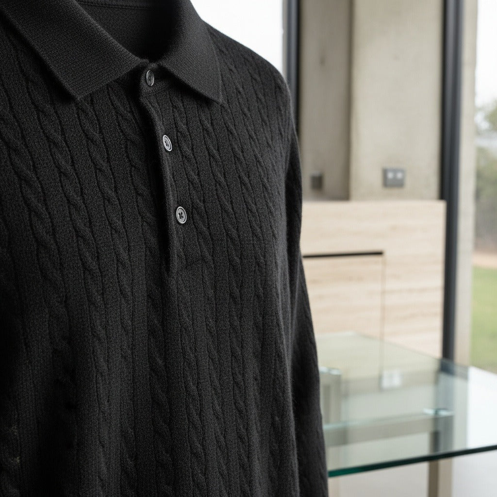 Cable Knit Polo Shirt - Jet Black - Back View