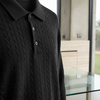 Cable Knit Polo Shirt - Jet Black - Back View