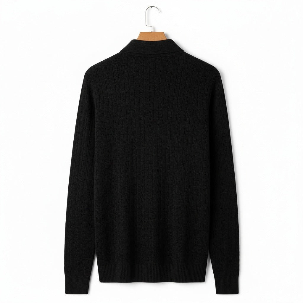 Cable Knit Polo Shirt - Jet Black - Fabric Detail
