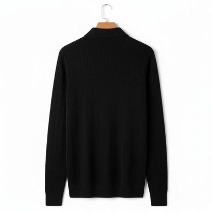 Cable Knit Polo Shirt - Jet Black - Fabric Detail