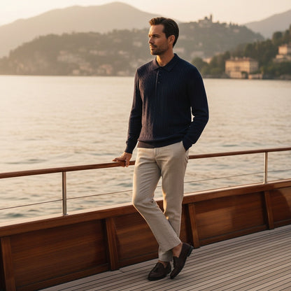 Cable Knit Polo Shirt - Navy Blue - Angled Shot