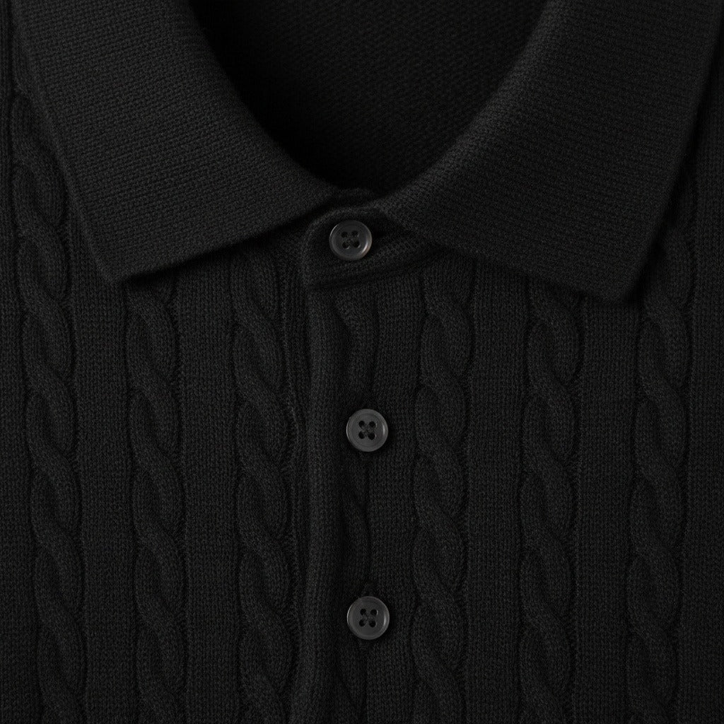 Cable Knit Polo Shirt - Jet Black - Texture Close Up
