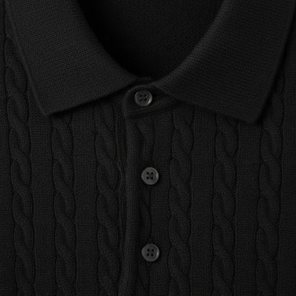 Cable Knit Polo Shirt - Jet Black - Texture Close Up