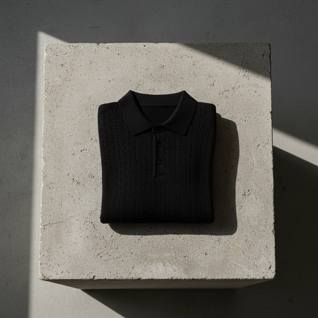 Cable Knit Polo Shirt - Jet Black - Lifestyle Inspiration