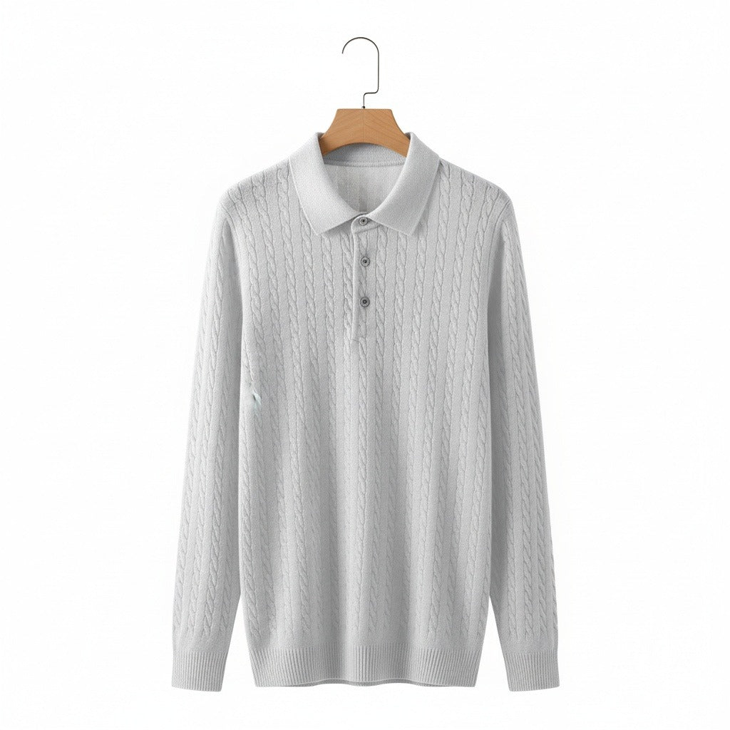 Cable Knit Polo Shirt - Cloud Grey - Front View