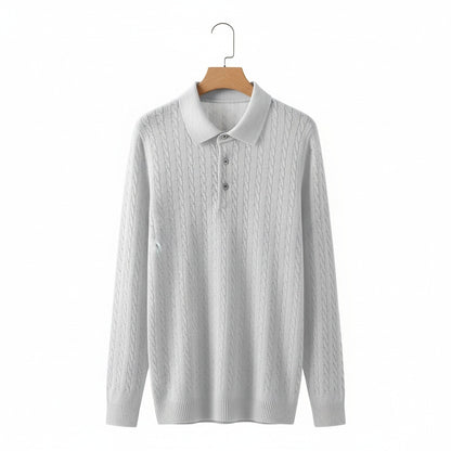 Cable Knit Polo Shirt - Cloud Grey - Front View