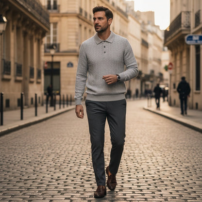 Cable Knit Polo Shirt - Cloud Grey - Angled Shot