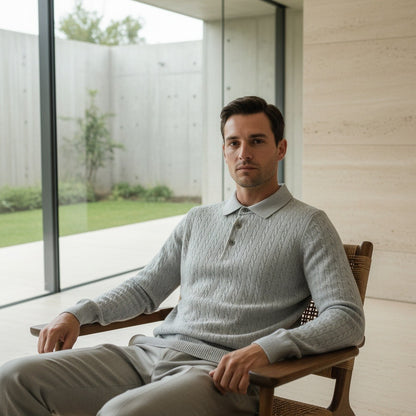 Cable Knit Polo Shirt - Cloud Grey - Side Profile