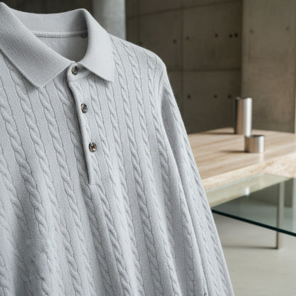 Cable Knit Polo Shirt - Cloud Grey - Back View