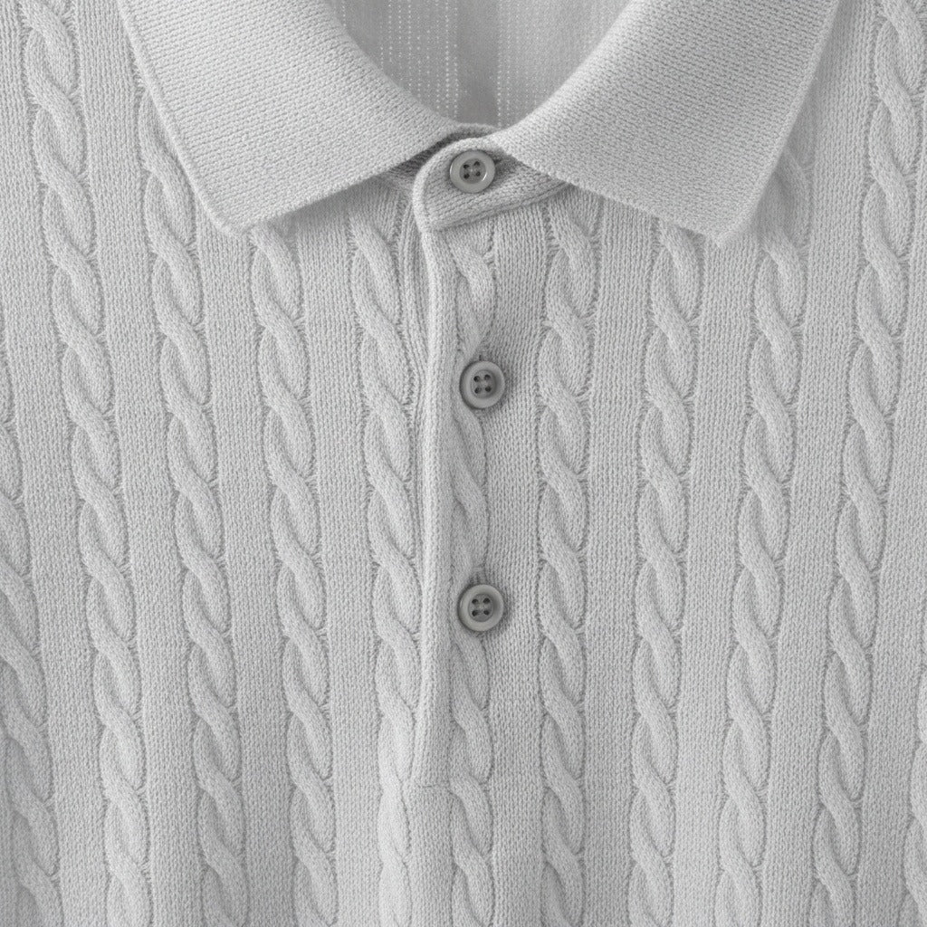 Cable Knit Polo Shirt - Cloud Grey - Texture Close Up
