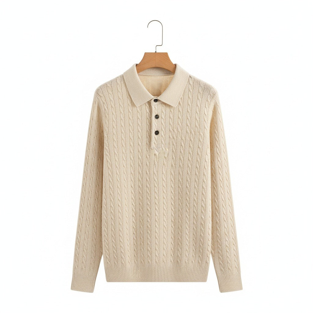 Cable Knit Polo Shirt - Cream - Front View