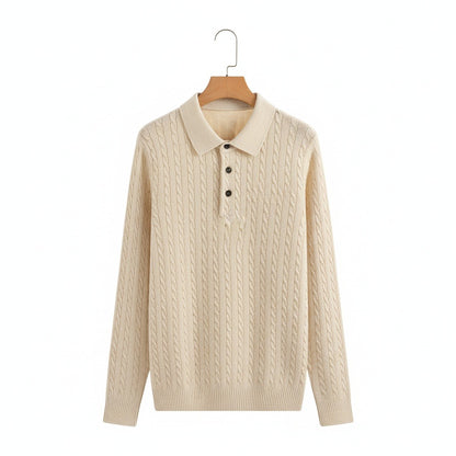 Cable Knit Polo Shirt - Cream - Front View
