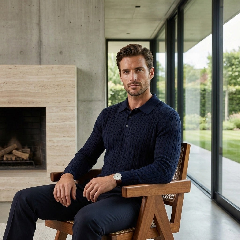 Cable Knit Polo Shirt - Navy Blue - Side Profile