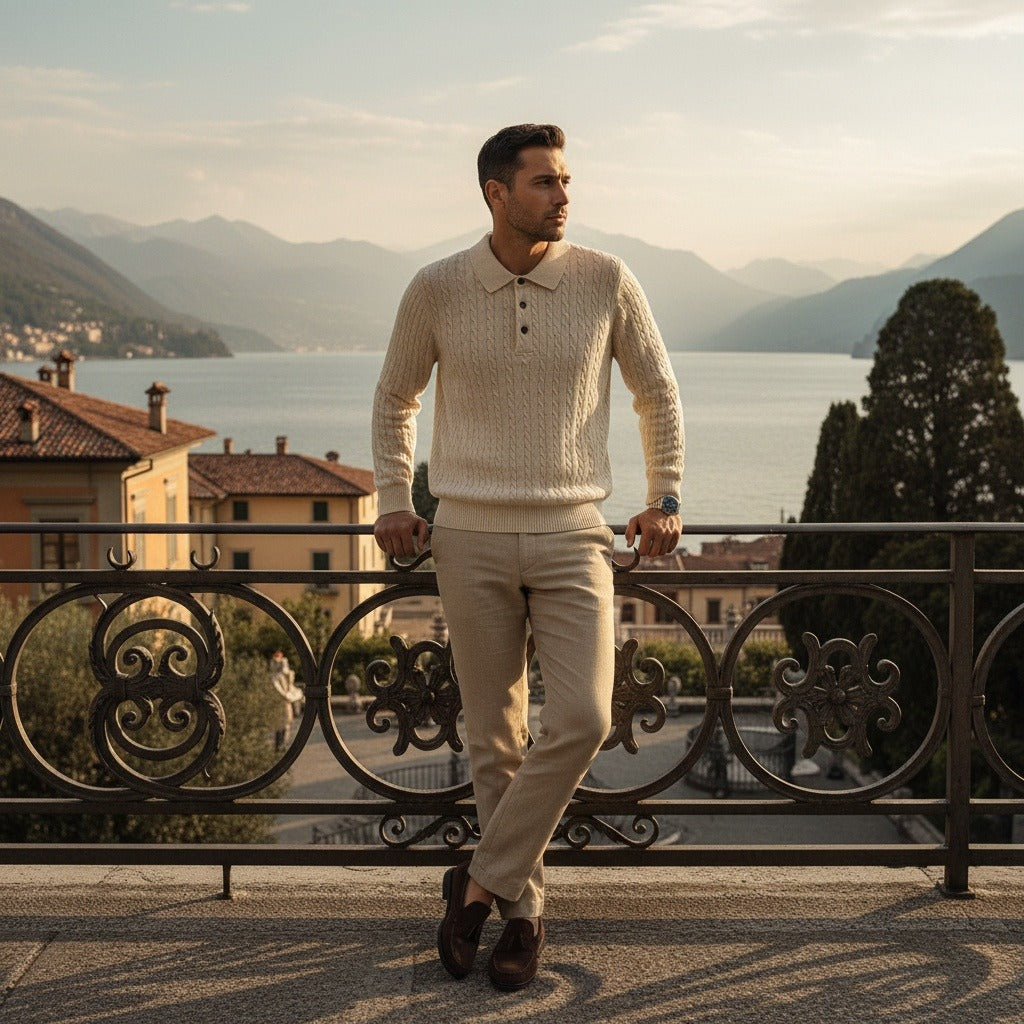 Cable Knit Polo Shirt - Cream - Angled Shot
