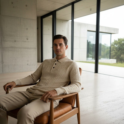 Cable Knit Polo Shirt - Cream - Side Profile