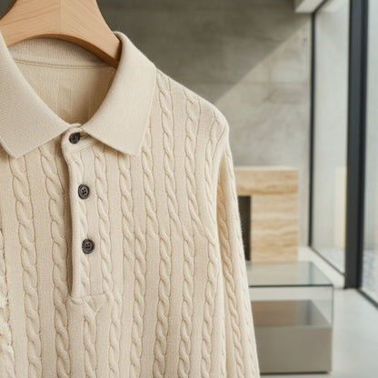 Cable Knit Polo Shirt - Cream - Back View