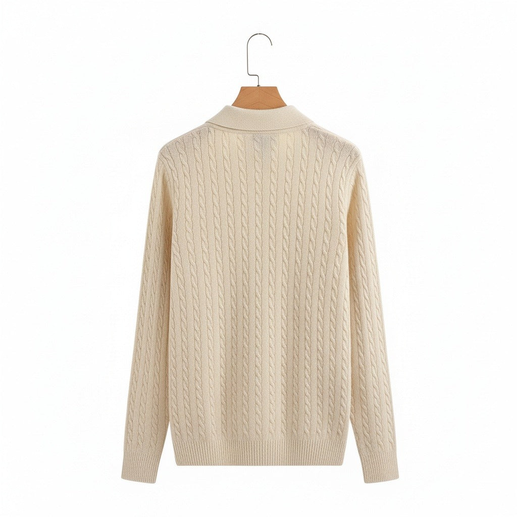 Cable Knit Polo Shirt - Cream - Fabric Detail
