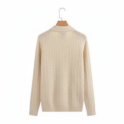 Cable Knit Polo Shirt - Cream - Fabric Detail