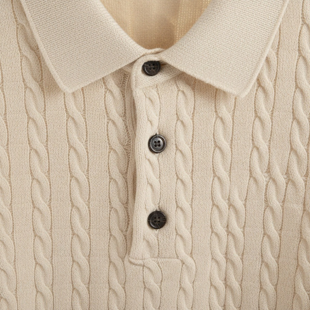 Cable Knit Polo Shirt - Cream - Texture Close Up
