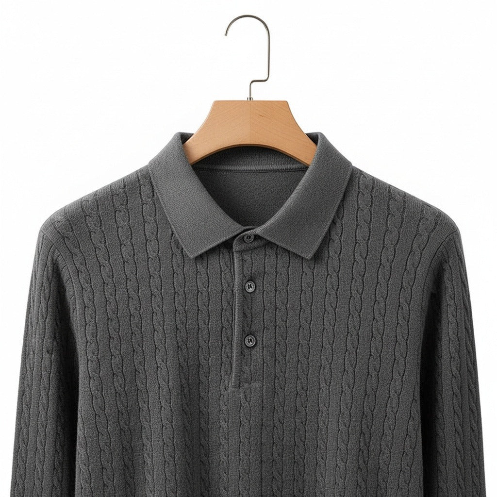 Cable Knit Polo Shirt - Charcoal Grey - Front View