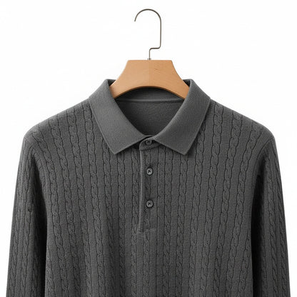 Cable Knit Polo Shirt - Charcoal Grey - Front View