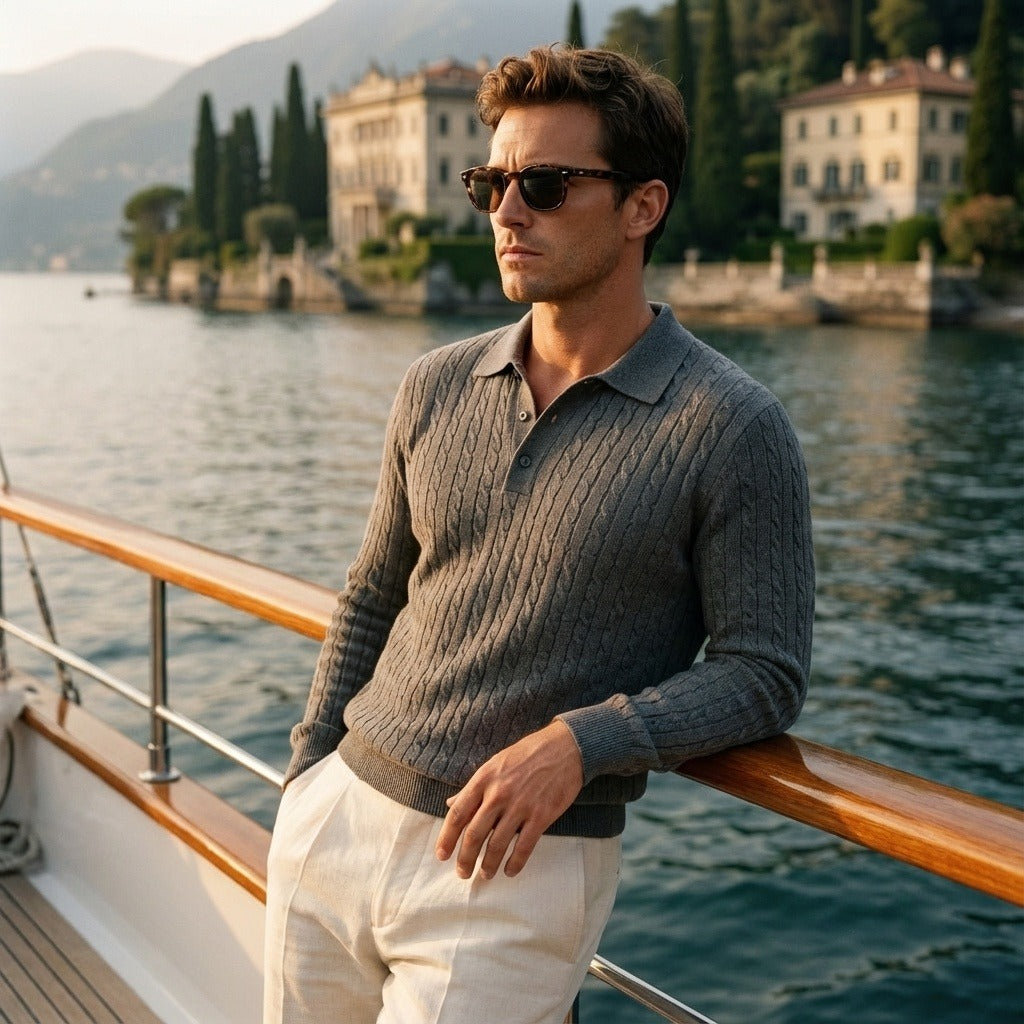 Cable Knit Polo Shirt - Charcoal Grey - Angled Shot