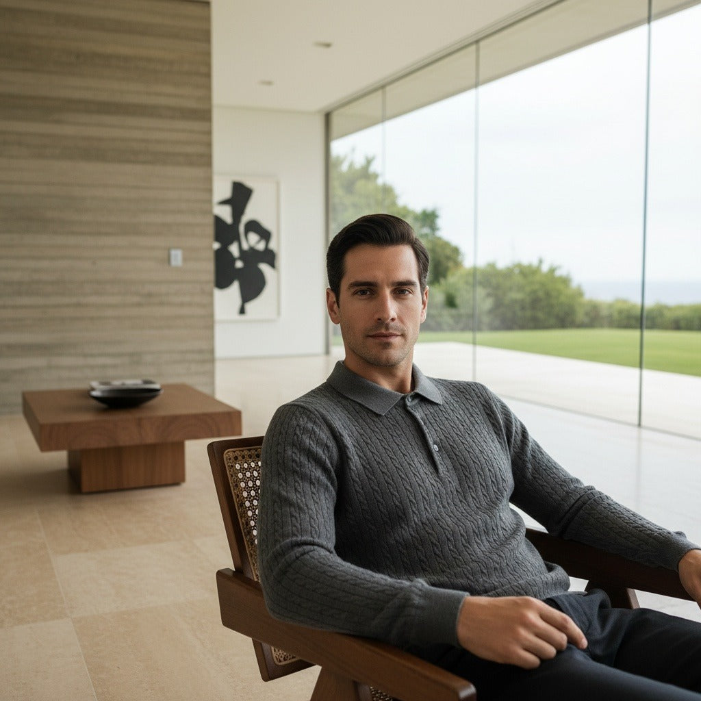 Cable Knit Polo Shirt - Charcoal Grey - Side Profile