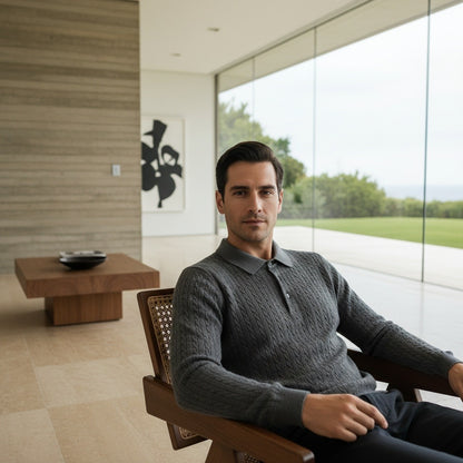Cable Knit Polo Shirt - Charcoal Grey - Side Profile